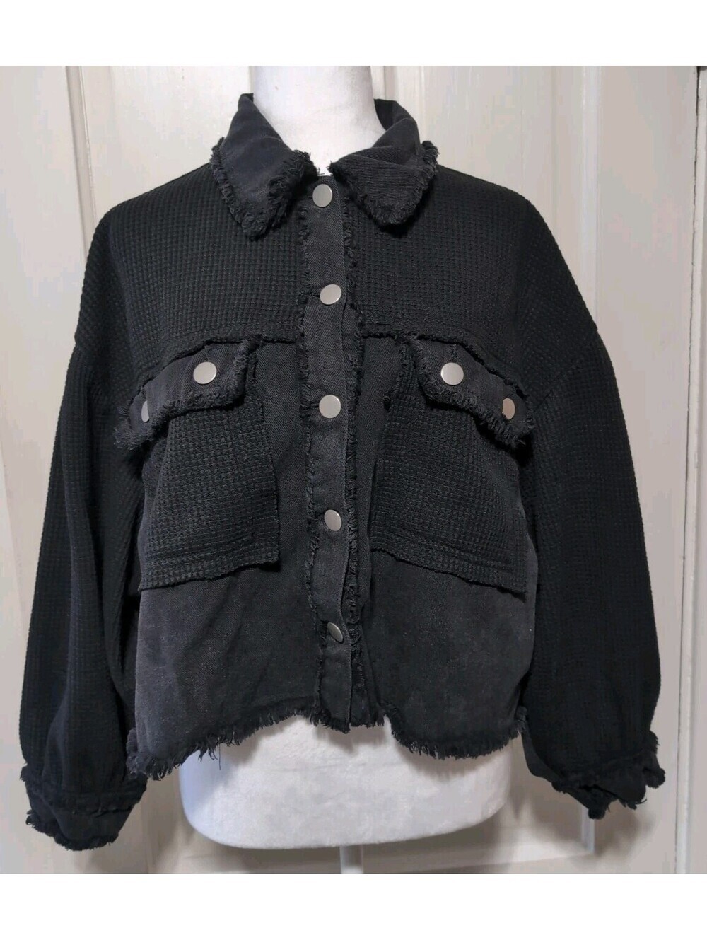POL City Lights Black Mixed Media Cropped Shacket Boho Oversized Woman S(1501)D